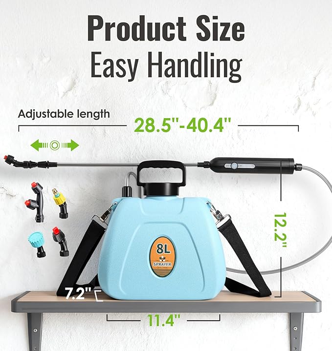 2 Gallon Battery Powered Sprayer, Rechargeable Electric Sprayer with 2 Speeds, 4 Nozzles, Battery Indicator, Retractable Wand, Adjustable Padded Shoulder Straps and Storage Bag for Lawn and Garden