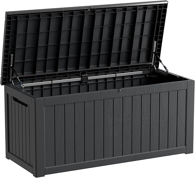 230 Gallon Waterproof Outdoor Storage Box, UV Resistant Resin Deck Box with Hydraulic Rod for Reinforced Stability, Perfect for Patio, Garden, and Pool, Striped Black