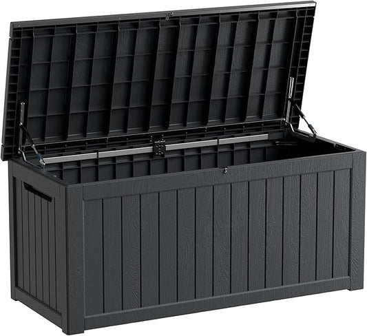 230 Gallon Waterproof Outdoor Storage Box, UV Resistant Resin Deck Box with Hydraulic Rod for Reinforced Stability, Perfect for Patio, Garden, and Pool, Striped Black