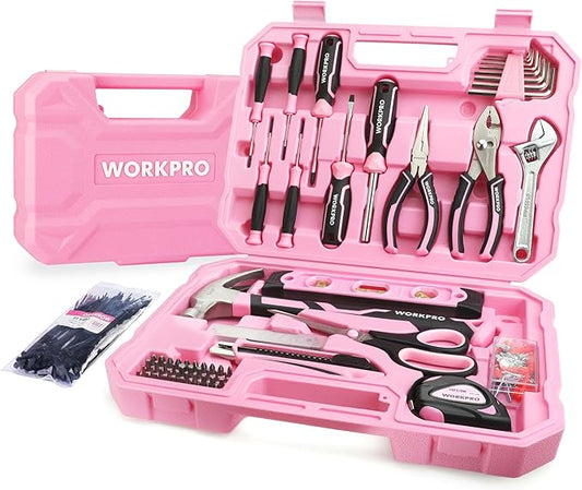 WORKPRO Pink Tool Set, 258 PCS Tool Kit for Women, Basic Household Case with Hammer, Screwdriver Set, Portable for Home Repair, New Apartment, House-Warming, DIY - Pink Ribbon