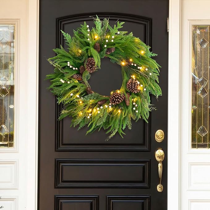 Prelit Christmas Wreaths for Front Door 24 Inch- Real Touch Norfolk Pine Wreath with Lights,Green Evergreen Outdoor Xmas Wreath with Natural Pine Cones and Berries for Farmhouse Home Decor