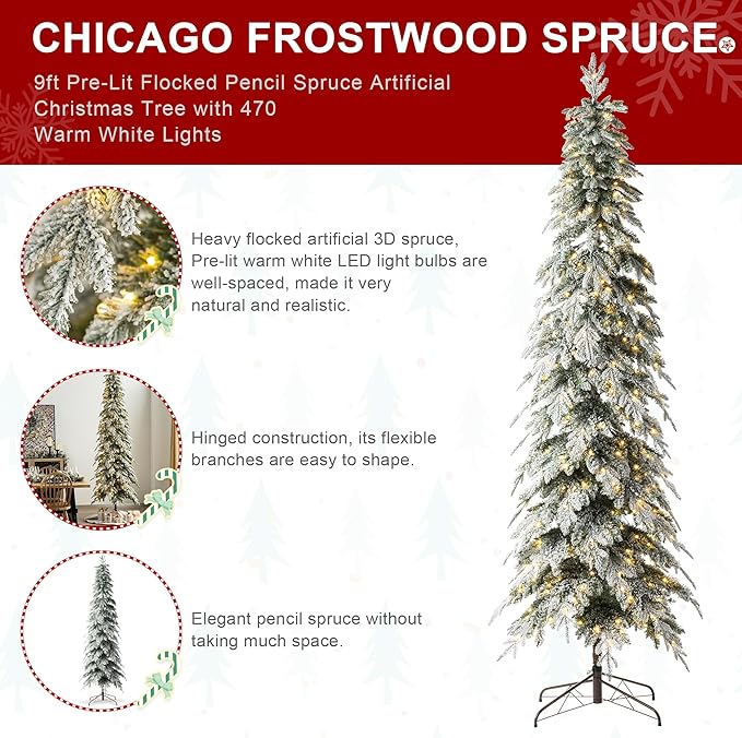 Glitzhome 9ft Prelit Christmas Tree, Artificial Christmas Tree with 470 Warm White Lights, Flocked Pencil Christmas Tree Chicago Frostwood Spruce w/1581 PE&PVC Branch Tips and Sturdy Metal Stand