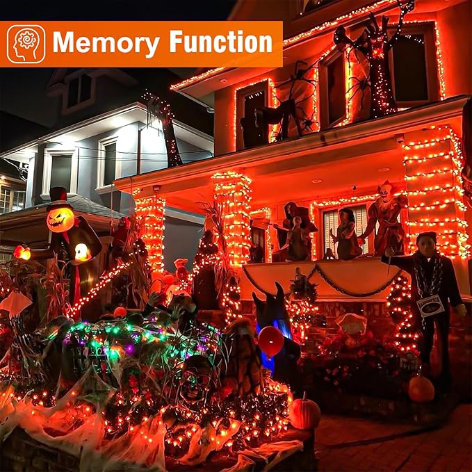 Orange Halloween Lights Outdoor, 66FT 200 LED String Lights for Outside with 8 Modes Waterproof, Plug in Connectable Twinkle Light Green Wire for Indoor Garden Tree Patio Party Decorations