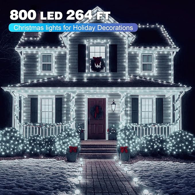 Christmas Lights 800 LED 264 FT, IP67 Waterproof Christmastree Lights with 8 Modes, Remote Control 3 Timers & Memory Function Xmas Decorations for House and Holiday (Cool White)
