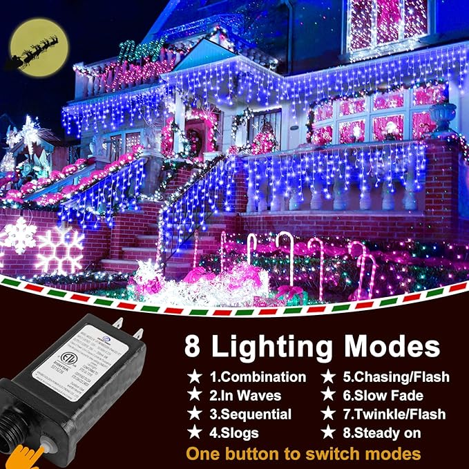 KNONEW Christmas Lights Outdoor Decorations 400 LED 33ft 8 Modes Curtain String Light with 75 Drops, Clear Wire LED Fairy Light Indoor Decor for Wedding Party Christmas Decorations(Blue)