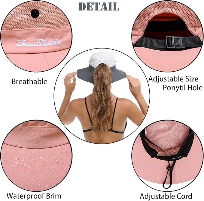 Womens Summer Sun Hat Beach Hat Wide Brim Outdoor UV Protection Hat Foldable Cool Mesh Ponytail Bucket Hat