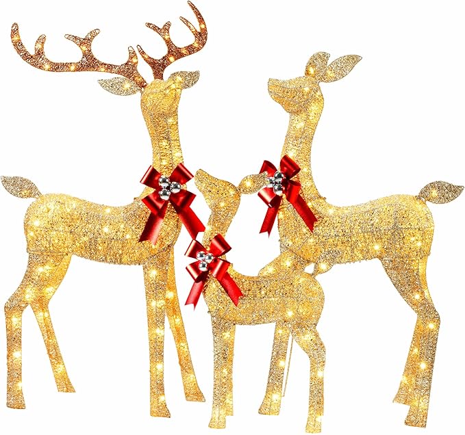 YULETIME 3-Piece Pre-lit 3D Christmas Reindeer Family, Lighted Glitter Christmas Deer Family Holiday Decoration with Warm White LED Lights (3D 3-Piece)