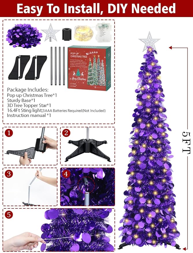 HMASYO 5 FT Pop Up Christmas Tree with Timer Lights, Purple Christmas Tinsel Tree, Collapsible Artificial Pencil Christmas Tree for Indoor Home Apartment Porch Holiday Party Decorations