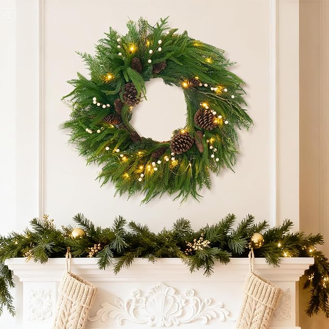 Prelit Christmas Wreaths for Front Door 24 Inch- Real Touch Norfolk Pine Wreath with Lights,Green Evergreen Outdoor Xmas Wreath with Natural Pine Cones and Berries for Farmhouse Home Decor