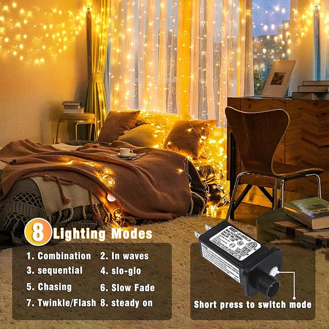 262FT 800 LED Christmas Lights Outdoor, String Lights for Indoor with 8 Modes Waterproof, Plug in Twinkle Light Clear Wire for Bedroom, Tree, Patio, Garden, Party Decorations, Warm White