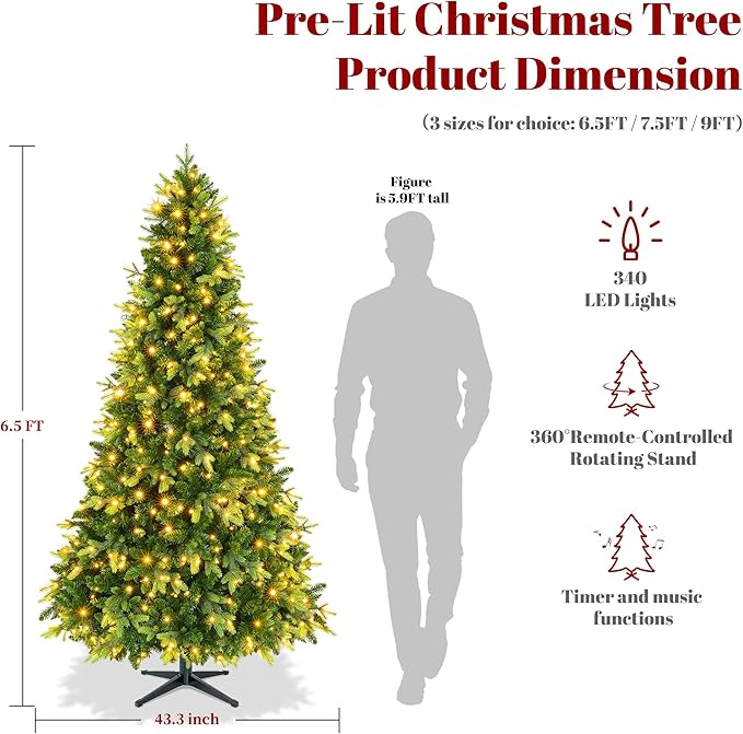 Thalassophile 6.5ft Pre-Lit Full Christmas Tree with Rotating Stand, Prelit Rotating Artificial Hinged Realistic Xmas Tree with Remote, 340 Lights Warm White & Multi Color, 1036 Branch Tips, Green