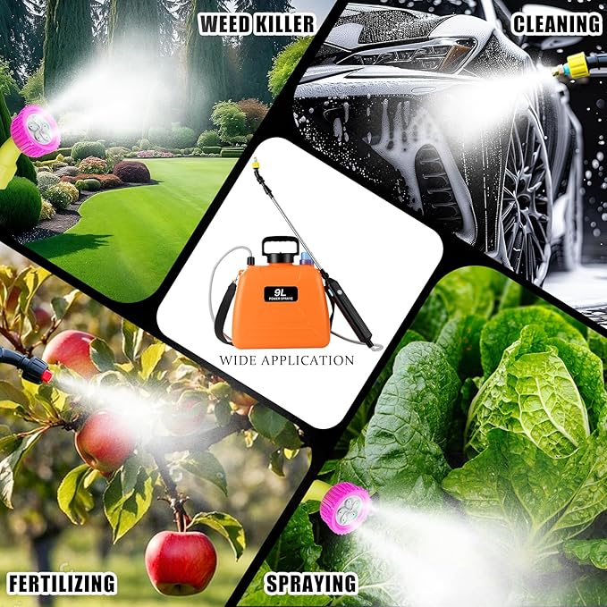 Battery Powered Sprayer 2.4 Gallon, 2025 Upgraded Electric Garden Sprayer, Automatic Power Weed Spray Battery Operated with Adjustable Shoulder Strap and Rechargeable Handle, 3 Mist Nozzles (Orange)