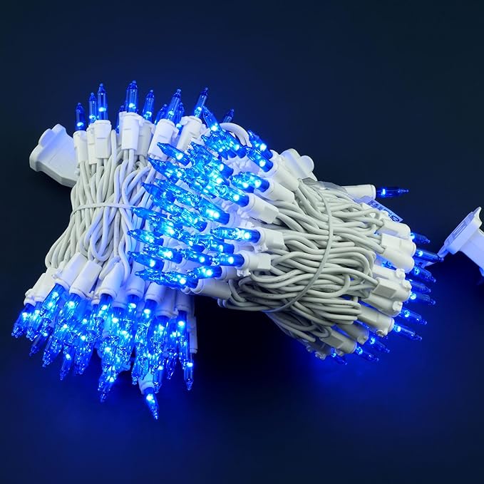 YULETIME 200 Blue Christmas Lights, Pack of 2 Strands of 21 ft 100 Count UL Certified Mini String Light (Blue - White Wire)