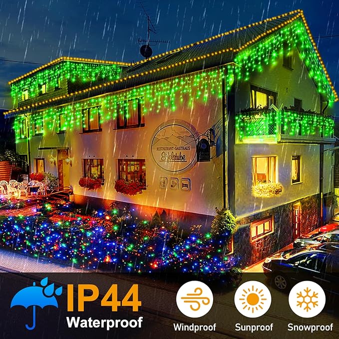 KNONEW Christmas Lights Outdoor Decorations 400 LED 33ft 8 Modes Curtain Fairy String Light with 75 Drops, Clear Wire LED String Light Indoor Decor for Wedding