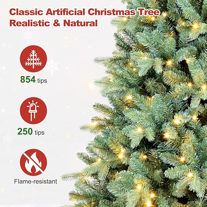 5 Ft Pre-Lit Artificial Christmas Tree, w/ 250 LED Warm Lights, 854 PE&PVC Mixed Branch Tips, Faux Xmas Tree for Home, Office, Party Decoration, Easy Assembly, Metal Hinges & Foldable Base