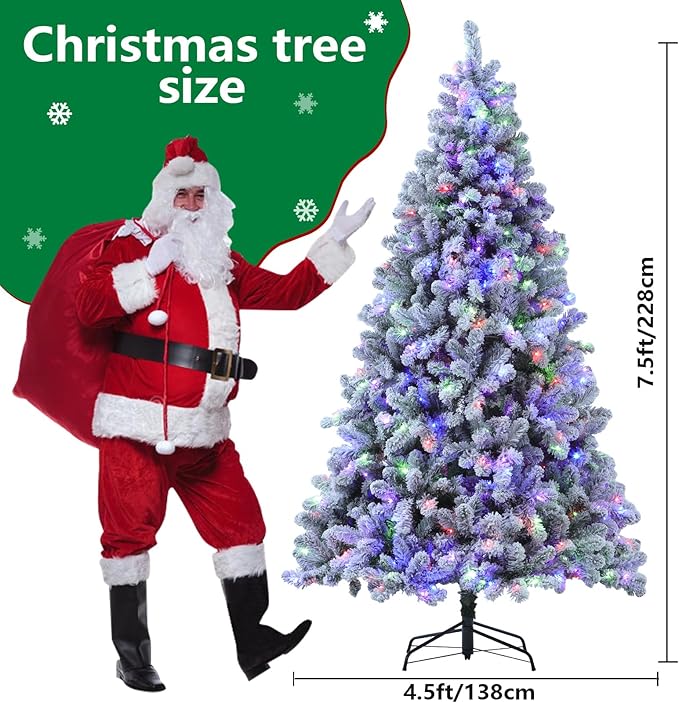 Flocked Christmas Tree, 7.5 ft Prelit Christmas Tree with Lights, 10 Functions, 400 Lights, Spruce Artificial Christmas Tree Prelit with 1832 Realistic Tips & Sturdy Metal Base Easy Assembly