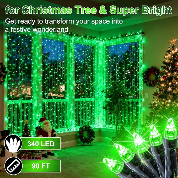 340 LED 90FT Christmas String Lights Outdoor, 12 Pro Modes and Timer Memory & Brightness, Plug in Waterproof Dark Green Wire Twinkle Light for for Xmas Yard Tree Wedding Party Decor (Green)