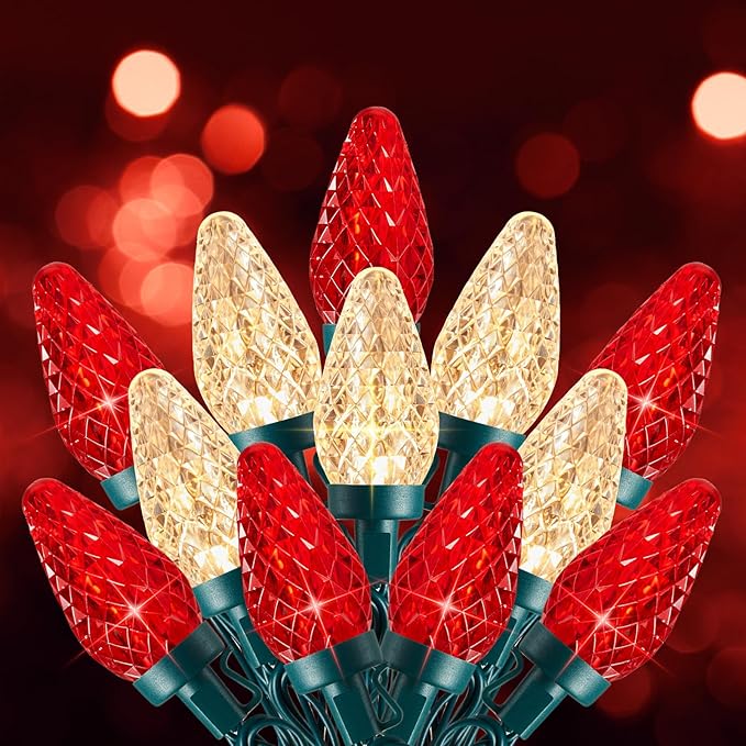 C9 Christmas Lights Outdoor, 66 FT 100 LED Connectable C9 String Lights with 8 Modes and Timer Xmas Tree Patio Roofline Garden Yard Holiday Party Indoor Outdoor Decoration, Red and Warm White