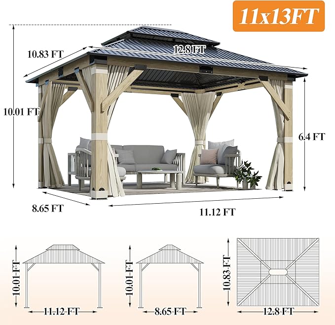 GARTOO 11’x13’ Outdoor Wooden Gazebo, Patio Galvanized Steel Wood Gazebo with Privacy Curtains and Netting, Vented Double Roof Hardtop Pavilion for Garden, Porch, Lawn, Poolside, Backyard, Deck