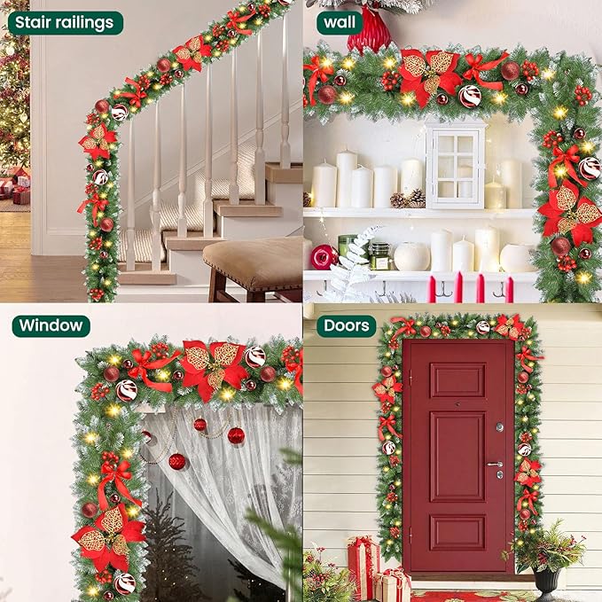 Christmas Garland with Lights, 9FT 30 LED Prelit Christmas Garland for Mantle,Outdoor Indoor Christmas Decorations Garland Battery Operated with Timer, Bows,Flowers,for Stairs,Railing,Fireplace,Door
