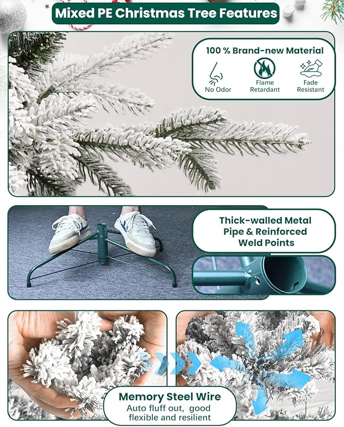 Artificial Christmas Tree with Lights - Leheyhey 6ft Flocked Christmas Tree Prelit - Halloween Xmas Tree for Home Office Store, Holiday Decoration - 1582 PE & PVC Mixed Branch Tips