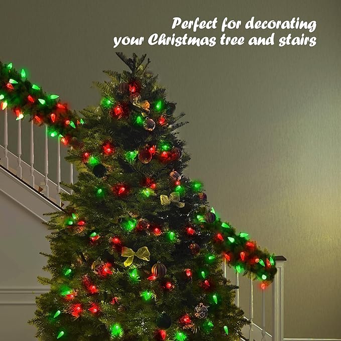 WBao Battery Operated Christmas Lights 60 LED 20ft, C6 Christmas String Lights with 8 Modes, Timer, Waterproof Design for Indoor Outdoor Christmas Trees, Fence, Stairs Xmas Decorations, Red Green