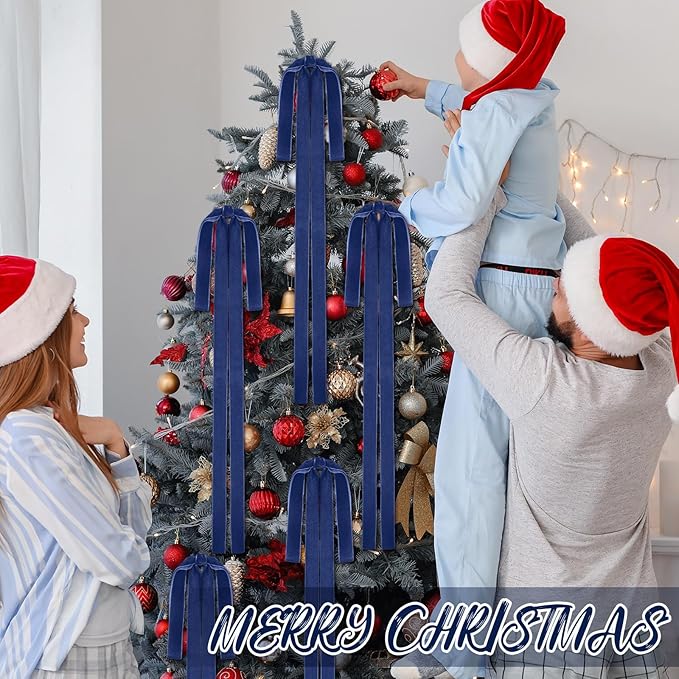 Janinka 6 Pcs Haze Blue Velvet Christmas Swag Bow 31.5 x 23.6 inch Large Vintage Christmas Ornament Rustic Velvet Staircase Wreath Bows Xmas Tree Topper Bows Large Bow for Outdoor