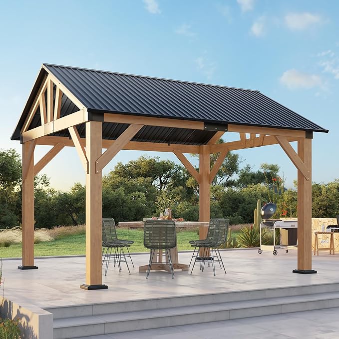 10x12 FT Wood Gazebo, Hardtop Pergola with Steel Gable Roof, Outdoor Gazebo with Guest House for Garden, Porch, Patio, Black + Natural Wood