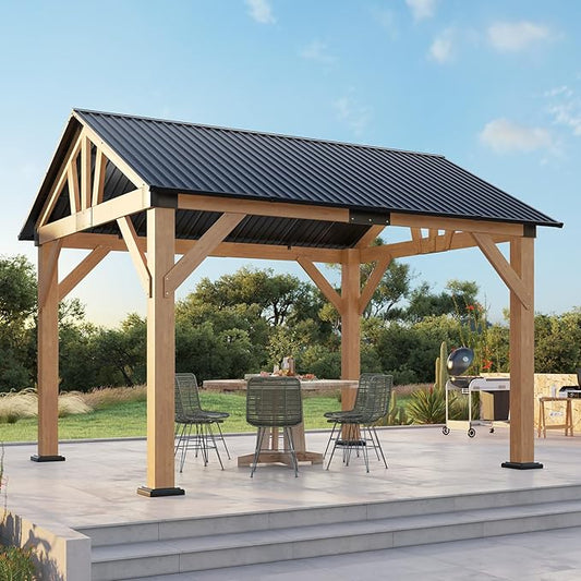 10x12 FT Wood Gazebo, Hardtop Pergola with Steel Gable Roof, Outdoor Gazebo with Guest House for Garden, Porch, Patio, Black + Natural Wood