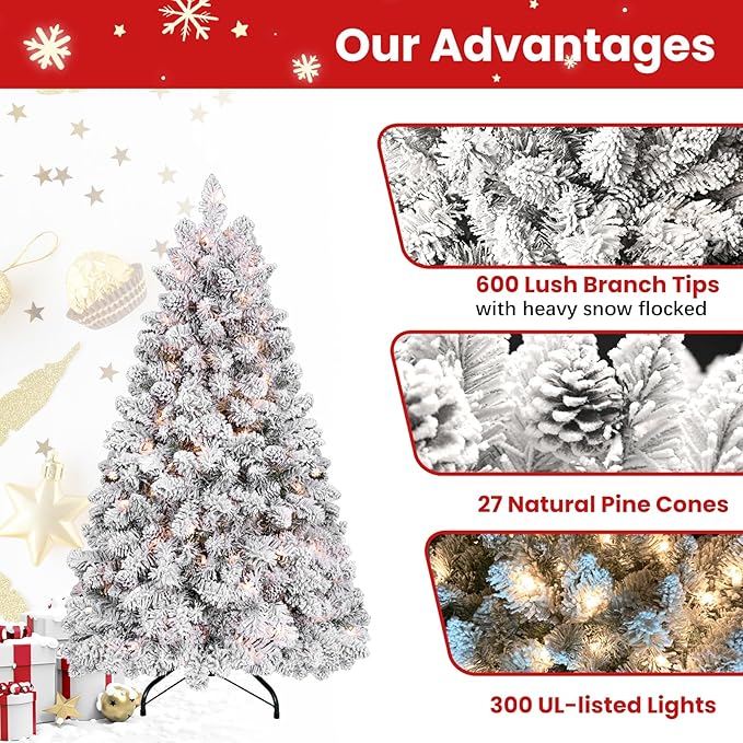 5ft Pre-lit Flocked Christmas Tree, Artificial Christmas Tree with Lights, Snow Frosted Christmas Trees Pre-lit with Pine Cones & 300 UL Lights, 600 Tips, Hinged Easy Setup Xmas Tree