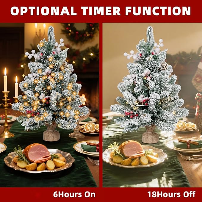 ININ 2FT Pre-lit Mini Christmas Snow Flocked Tree,Tabletop Artificial Christmas Tree with LED Lights, Small Xmas Pine Tree with Cloth Bag Base for Christmas Decor.