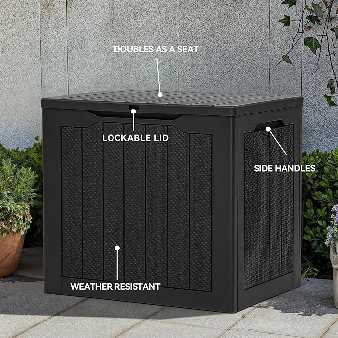 YITAHOME 30 Gallon Resin Deck Box, Weather Resistant Outdoor Rattan Storage Box, Lockable Indoor Outdoor Storage for Supplies and Essentials, Black