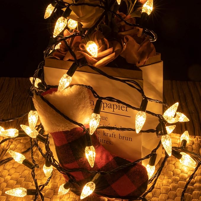 AWQ 200LED 66 FT C6 Christmas String Lights Plug in Fairy Twinkle String Lights 8 Modes Timer Function Waterproof Extendable for Indoor Outdoor Wedding Party Christmas Decoration (200, Warm White)