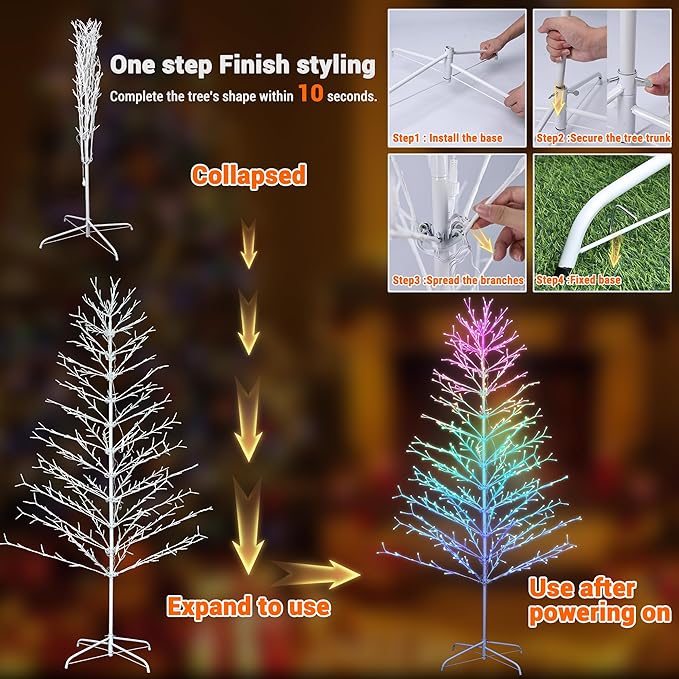 Joomer Christmas Tree Light Outdoor,7.6FT 540 LED Artificial Collapsible Birch Tree Lights with Remote Control Timer RGB Lights for Christmas Decoration