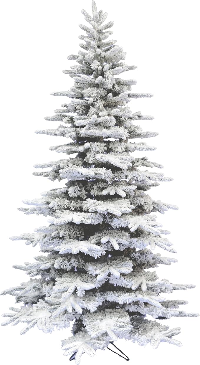 Fraser Hill Farm 9-Ft. Pine Valley Flocked Christmas Tree, Snowy Xmas Tree with DIY Potential with No Attached Lights, Artificial Christmas Tree with Metal Base, Easy to Set up