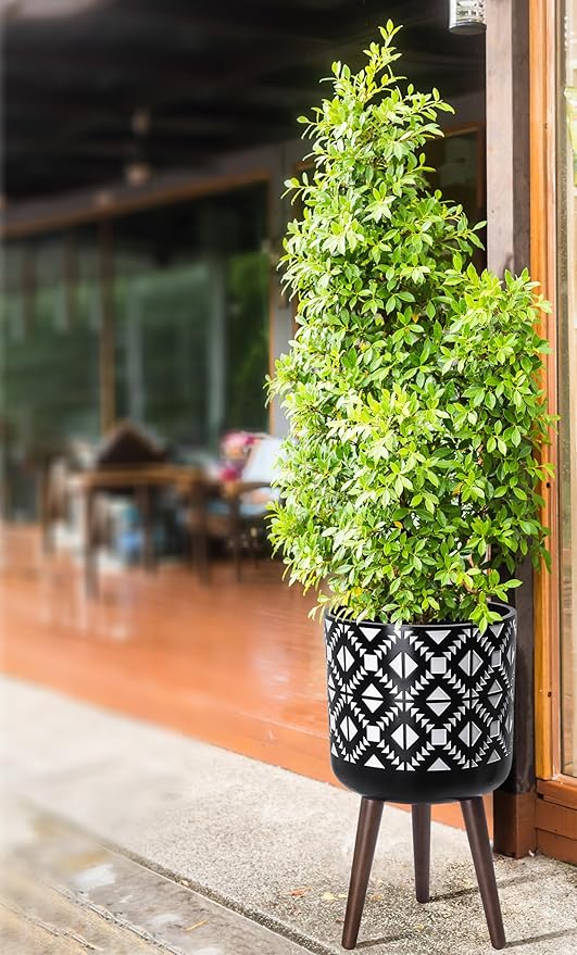 D'vine Dev 12 Inch Planter Pot with Stand, Mid-Century Tall Plant Pot with Legs for Indoor Plants, White/Black, 88-G-C-4