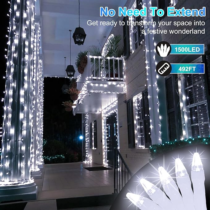 1500 LED Christmas Lights Outdoor Use, 492ft 8 Lighting Modes Fairy Lights for Outside, Christmas Tree Lights Outdoor IP44 Waterproof for Xmas Patio Yard Fence Deck Balcony Garden Decor Cool White