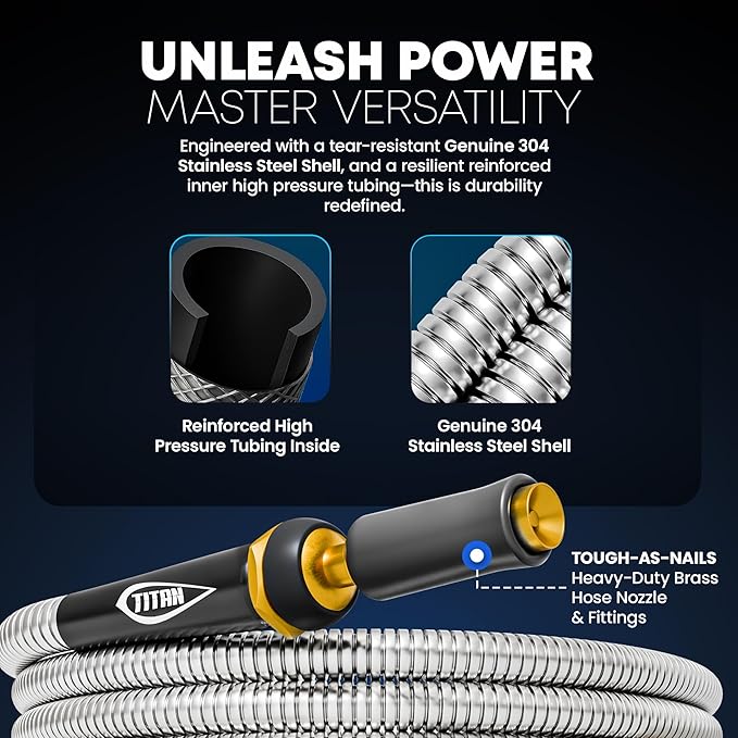 TITAN Garden Hose 150FT - 304 Stainless Steel Metal Water Hose, Flexible, Kink-Free, Lightweight, Durable Crush Resistant Fittings, Easy to Coil, 500 PSI