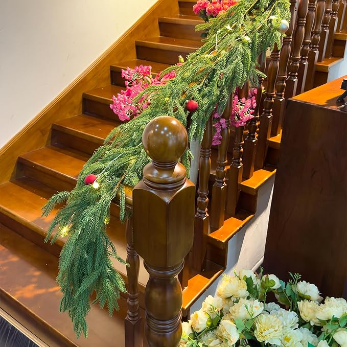 2Pcs 6FT Norfolk Pine Garlands Realistic, Real Touch Winter Xmas Garland, Christmas Decorations Indoor Outdoor, Artificial Holiday Decor Faux Greenery for Mantle, Fireplace, Table