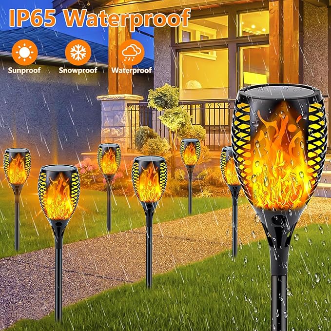 Upgraded 8 Pack Super Larger Size Solar Torch Lights with Flickering Flame, Extra Bright Solar Lights Christmas Decorations, Christmas Tiki Light Outdoor Waterproof for Garden Pathway Auto On and Off
