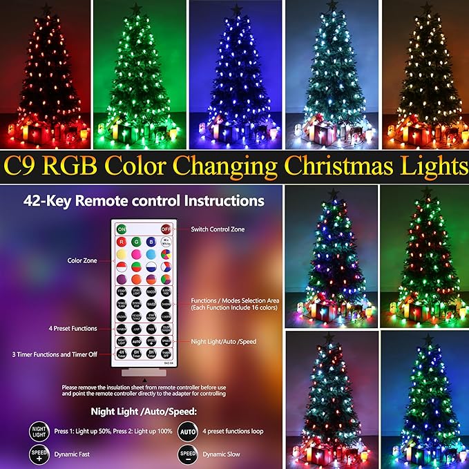 Joomer Christmas String Lights, 98FT 150 LED C9 Color Changing RGB Xmas Tree Lights Remote Control Outdoor Waterproof for Christmas Decor (Non-Connectable)