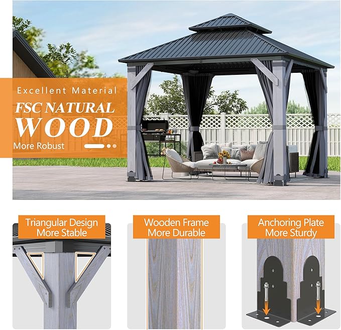 GARTOO 8.5' x 8.5' Outdoor Wood Gazebo - Permanent Wooden Hardtop Gazebo Pavilion with Double Curtains, Galvanized Steel Roof Cedar Wood Gazebos for Poolside, Garden, Lawn, Backyard Deck