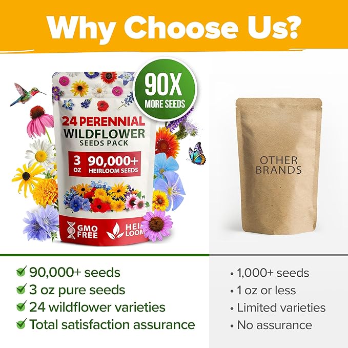 HOME GROWN 𝗨𝗦𝗔 𝗣𝗥𝗘𝗠𝗜𝗨𝗠 90,000+ Wildflower Seeds Mix 3oz 24 Varieties Non-GMO Perennial Flower Seeds for Planting Outdoors Butterfly & Pollinator Flower Mix Attract Bees Birds & Hummingbirds