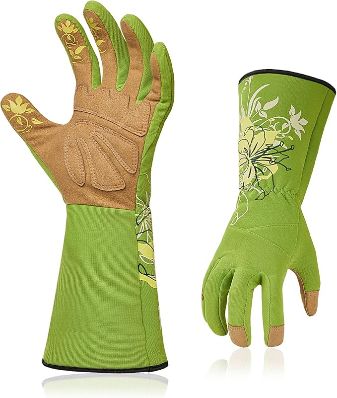 Vgo... 1-Pair Ladies' Synthetic Leather Gardening Gloves, Long Sleeves Gauntlet, Breathable & Grip Work Gloves, High Dexterity, Washable (Size L, Green, SL7445)