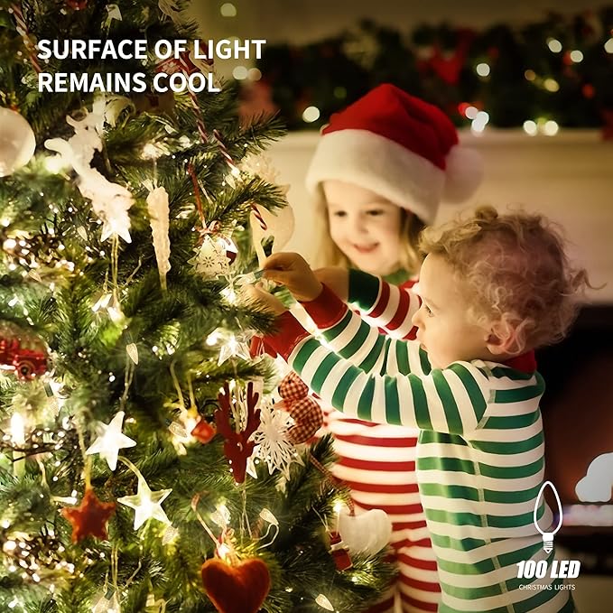 WATERGLIDE C6 Christmas Lights, 33ft 100 LED Faceted String Lights Green Wire Fairy Lights with 29V Safe Adaptor, 8 Lighting Mode, Waterproof for Indoor Outdoor Patio Xmas Tree Party Decor, Warm White