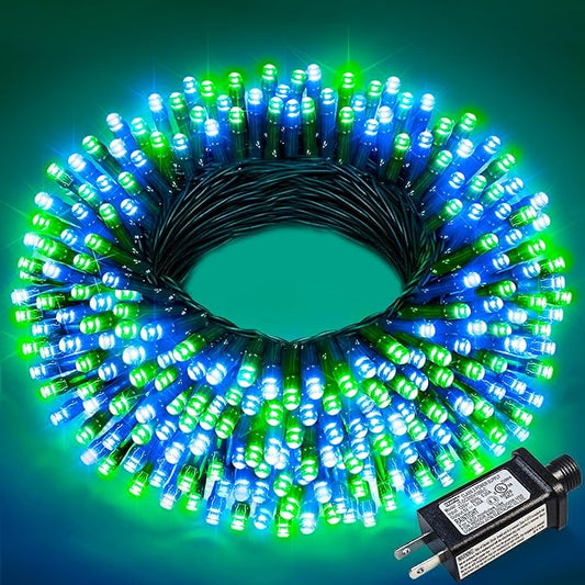 Christmas Lights Outdoor, 66FT 200 LED Christmas Tree Lights with 8 Modes Waterproof, Plug in Connectable String Twinkle Light Green Wire for Tree Patio Party Decorations, Blue Green