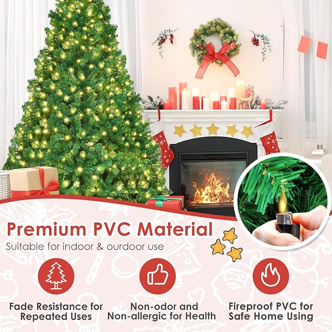 8ft Prelit Christmas Tree, Indoor Xmas Tree w/Pre-Strung 430 Warm White LED Lights, 1438 PVC Branch, Metal Hinge& Foldable Base, Artificial Christmas Tree for Home, Holiday, Party Decoration