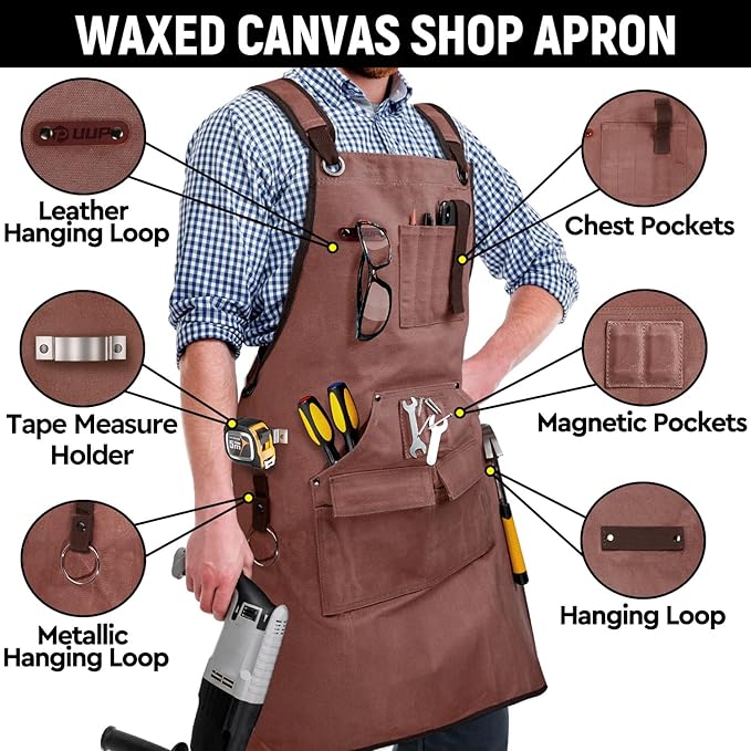 Woodworking Apron for Men, Shop Apron 20 oz Canvas Work Apron with 9 Tool Pockets, Heavy Duty Wood Working Workshop Bib Apron for Carpenter Woodworker Blacksmith, Men Gift, Adjustable to S- 3XL, Brown