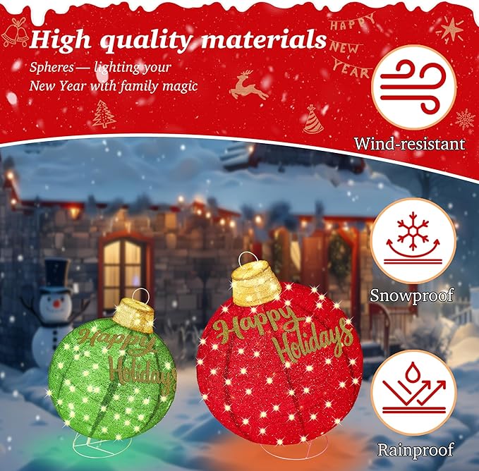 2Pcs 3FT Lighted Christmas Ornament Set - Expandable Outdoor, Indoor Holiday Decor with 200 LED Lights, Easy Assembly & Weatherproof, Red & Green Light-Up Ball for Yard, Garden, Storefront.