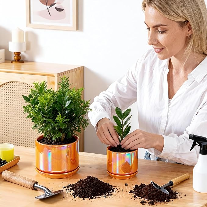 EFISPSS Ceramic Plant Pots,4+5+6 Inch Ceramic Indoor Pots for Plants with Drainage Hole,for Succulent Cactus,Pothos,Snake Plant Gift for Plant Lovers Set of 3 - Orange Pearl Glaze Plant Pots